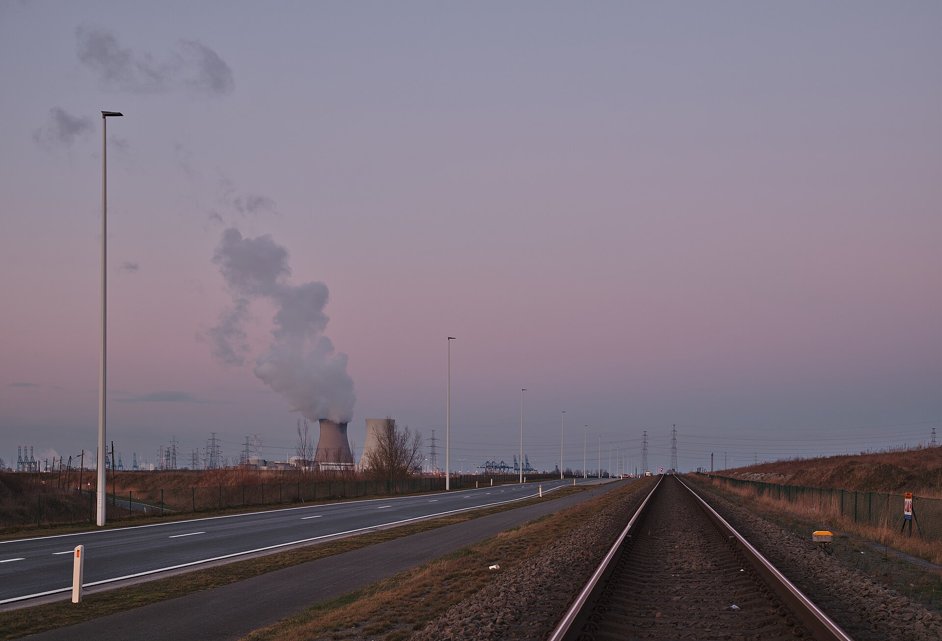 A cooling tower and plant at twilight